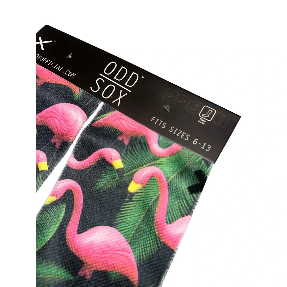 NWT Odd Sox Flamingo Tropical Palm Tree Crew Socks Mens Sizes 6-13‎ Pink Black